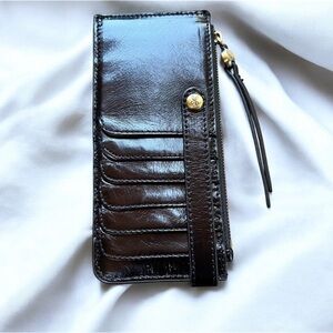 Hobo Chocolate Brown Patent Leather Wallet Card Holder Coin Zipper Top Boho Chic